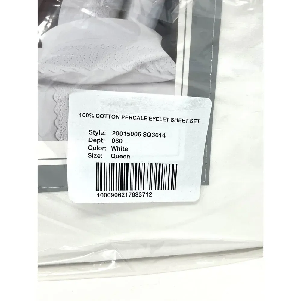 Rachel Ashwell Embroidered Eyelet Hem QUEEN Sheet Set White All Cotton NIP